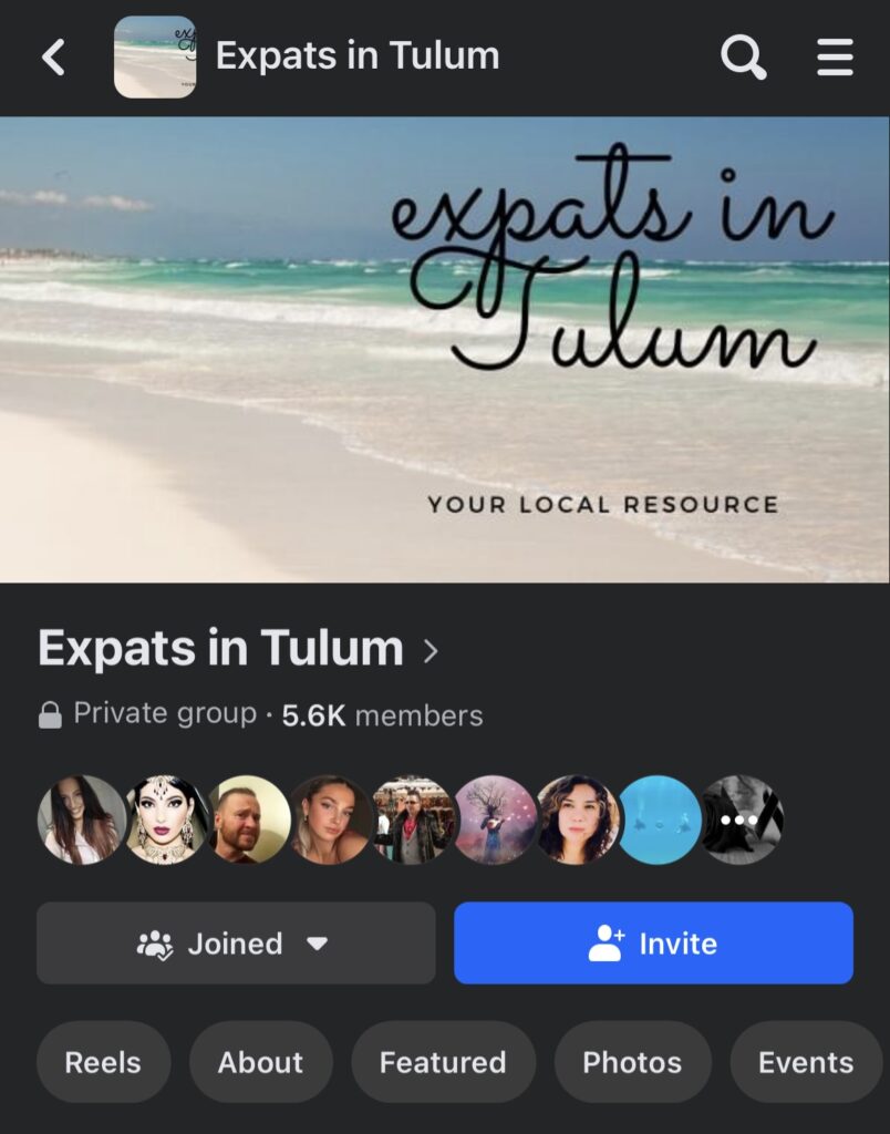 Screenshot of the "Expats in Tulum" Facebook group page