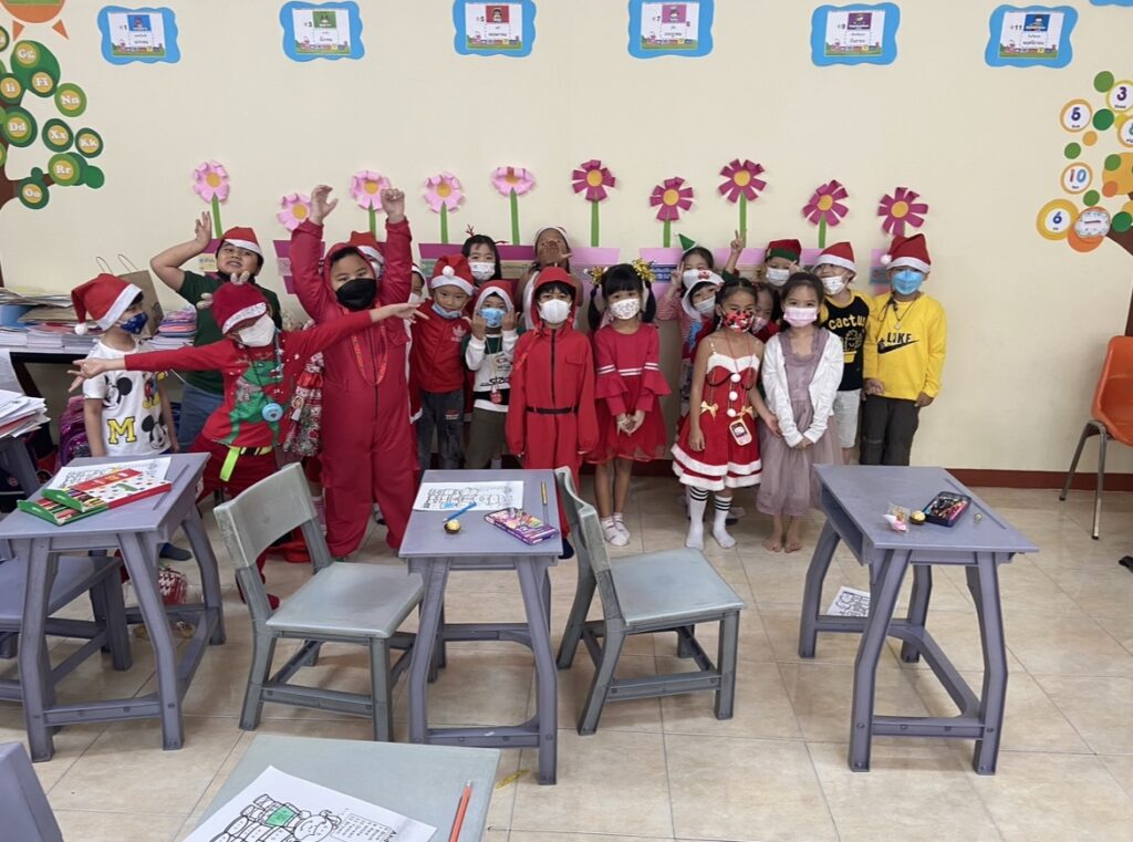 Aly's grade one class dressed in red and white for Christmas