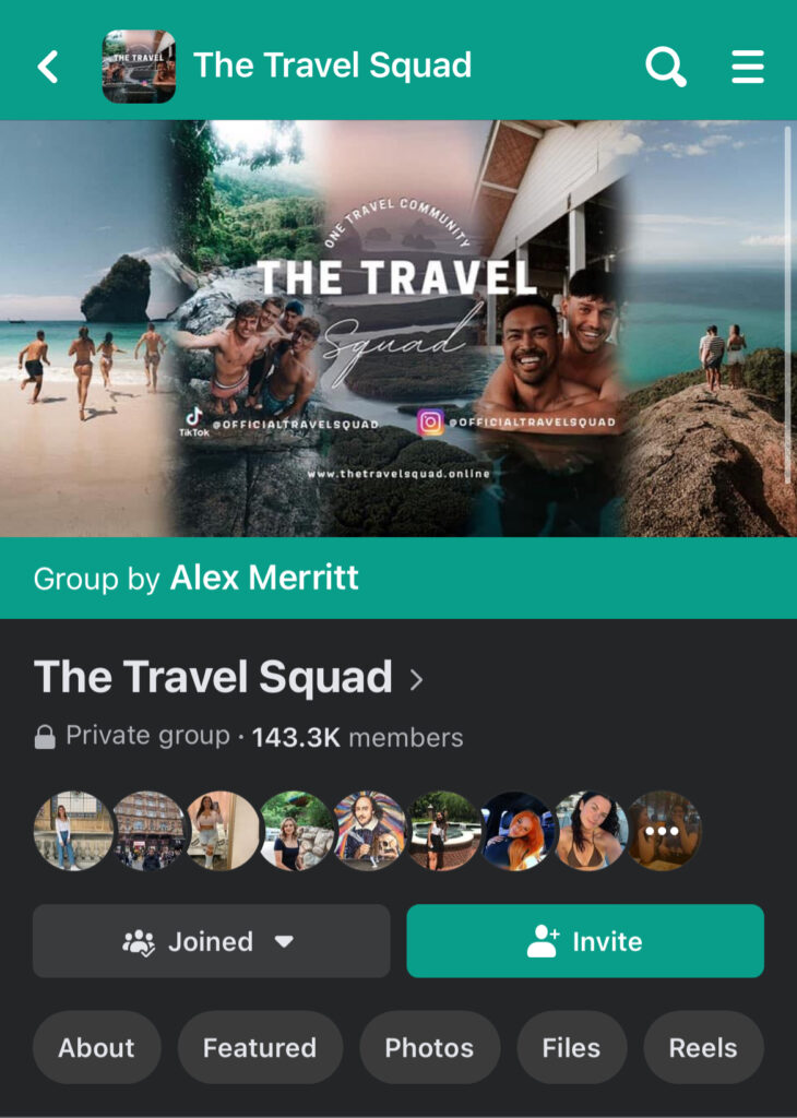 Screenshot of the "The Travel Squad" Facebook group page